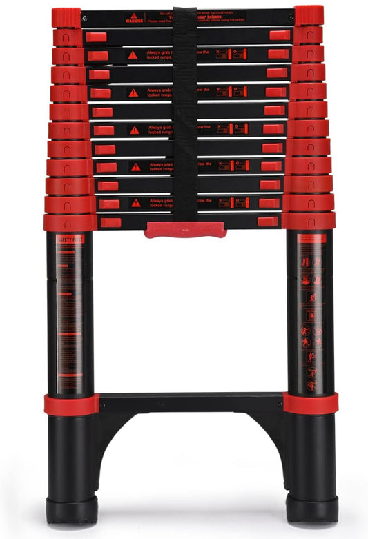 HBTower Telescoping Ladder 12.5 FT Red Aluminum Lightweight Extension Ladder with 2 Triangle Stabilizers, Heavy Duty 330lbs Max Capacity, Multi-Purpose