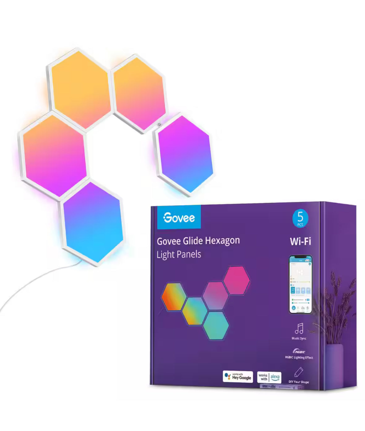 Govee Glide Hexagon Smart Color Changing Plug-In Wi-Fi Enabled Integrated LED Light Panels (5-Piece)