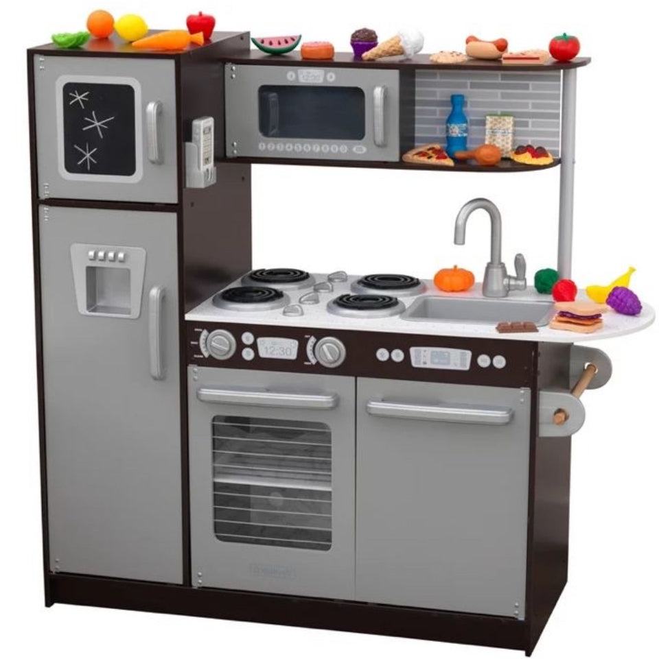 KidKraft Uptown Wooden 30-Piece Play Kitchen for Kids, Black and Silver - Selzalot