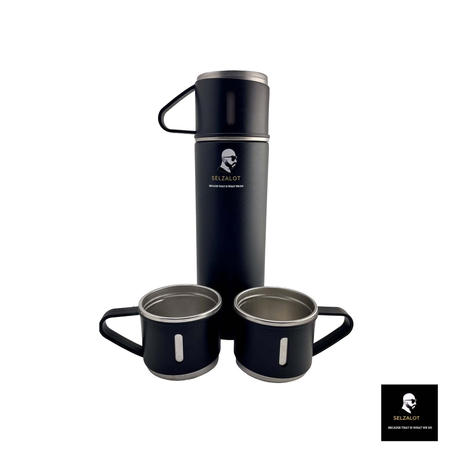 SELZALOT Stainless Steel Vacuum Flask Set, 500ML Gift Set, Black, Thickened Food Grade 304 Stainless Steel, Durable Insulation, Ergonomic Design, with 3 Cups - Selzalot