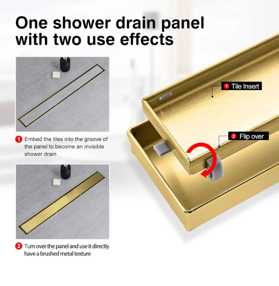 SaniteModar Linear Shower Drain, Gold Shower Drain 30 inch with Invisible 2 in 1 Tile Insert Panel, 304 Stainless Steel Brushed Gold Shower Drain with - Selzalot