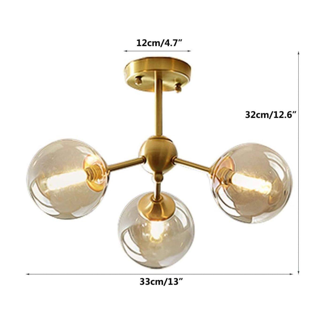 KCO Lighting Glass Globe Sputnik Chandelier 3-Light Brass Gold Close to Ceiling Light Mid Century Flush Mount Ceiling Light for Kitchen Island Bedroom Bathroom (3-Lights) - Selzalot