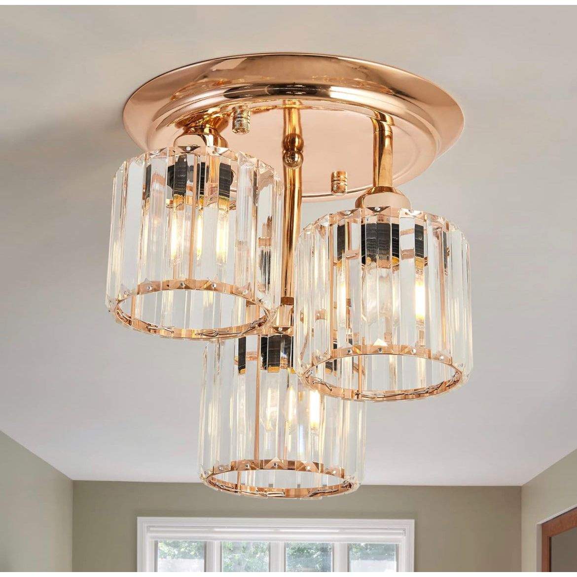 CVKASH 3-Light Crystal Rose Gold Chandelier Modern Matte Semi Flush Mount Ceiling Light Fixture H11.02'' x D11.81'' Ceiling Lighting for Bedroom Kitchen Dining Room Hallway - Selzalot