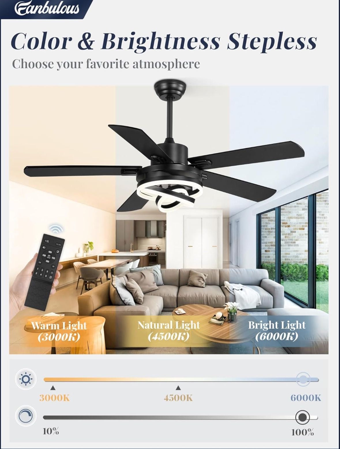 52" Farmhouse Ceiling Fans with Lights,Black Chandelier Fan with 6-Speed Dimmable LED and Reversible DC Motor,Rustic Fandelier Ceiling Fan with 5 Dual