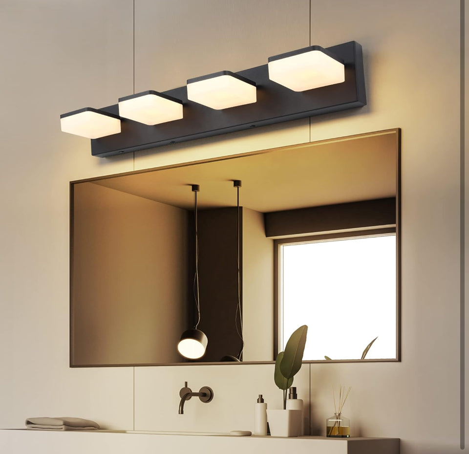 Open Box GOODATE 3 Colors Dimmable Black Vanity Lights for Bathroom, LED 4 Light Vanity Lighting Fixtures, Acrylic Stainless Steel Bathroom Light Fixt