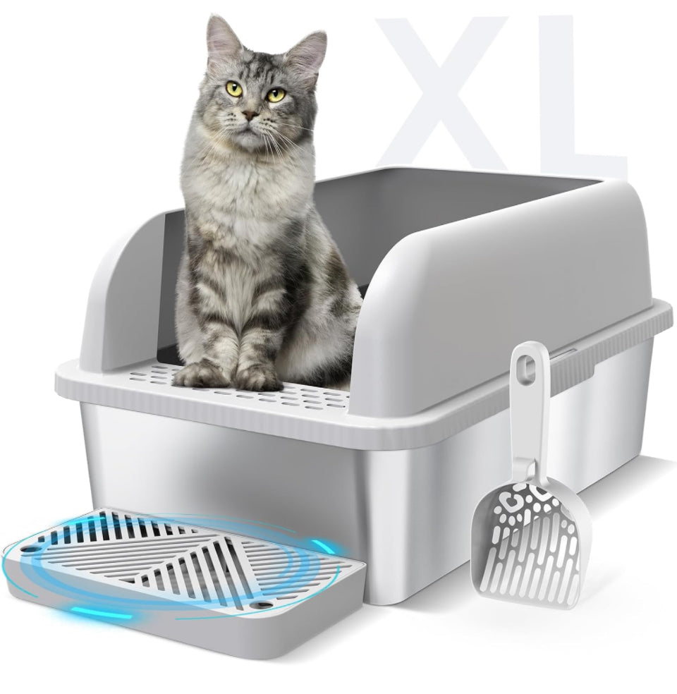 Suzzipaws Enclosed Stainless Steel Cat Litter Box with Lid Extra Large Litter Box for Big Cats XL Metal Litter Pan Tray with High Wall Sides Enclosure