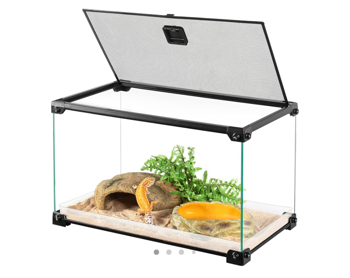 OIIBO 10 Gallon Glass Reptile Tank, 20" x 10" x 12" Reptile Terrarium Cage with Opening Top Mesh Reptile Enclosure for Lizards, Frogs, Turtle, Spiders