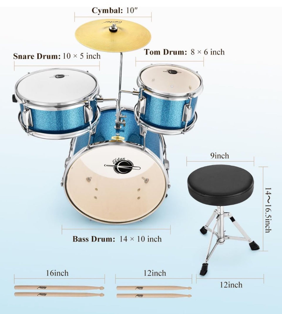 Kids Drum Set Eastar 3-Piece for Beginners, 14 inch Drum Kit with Adjustable Throne, Cymbal, Pedal & Two Pairs of Drumsticks, Junior Drum Set with Bass - Selzalot