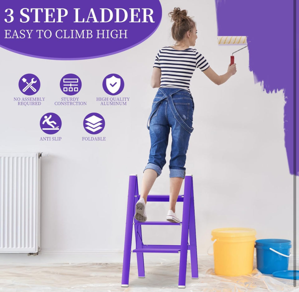 PLEDDANIO Step Ladder 3 Step Folding Ladders for Adults, Lightweight Aluminum Stepladder,330lbs Capacity Home Library Kitchen Office Purple Step Stool