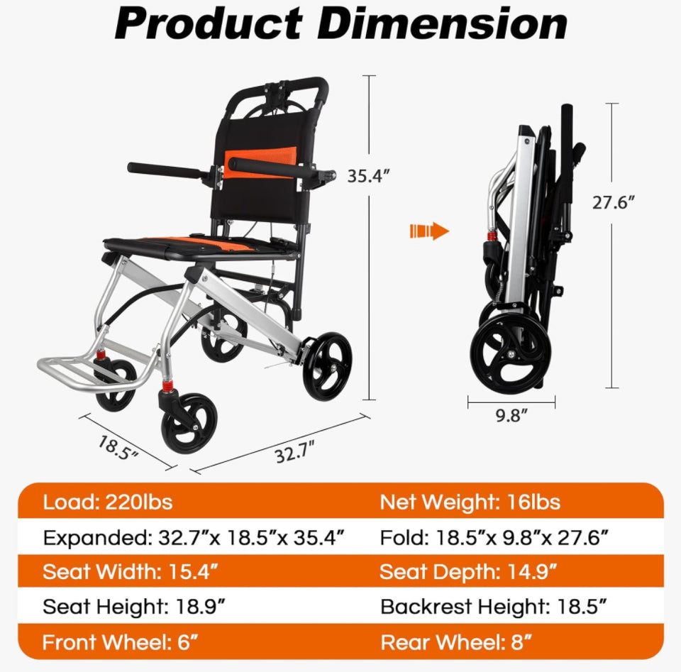 Ultra-Light Transport Wheelchair - Folding Portable Wheelchair with Hand Brake - Trolleys for Elderly Aircraft Travel with Bag - Selzalot