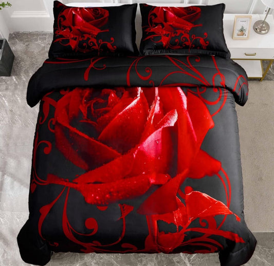 WONGS BEDDING Red Duvet Cover Queen, Reversible Red Rose Duvet Cover Set with Zipper Closure 3 Pieces Soft Microfiber Queen Bedding Set, 1 Duvet Cover