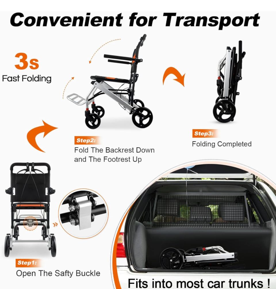 Ultra-Light Transport Wheelchair - Folding Portable Wheelchair with Hand Brake - Trolleys for Elderly Aircraft Travel with Bag - Selzalot