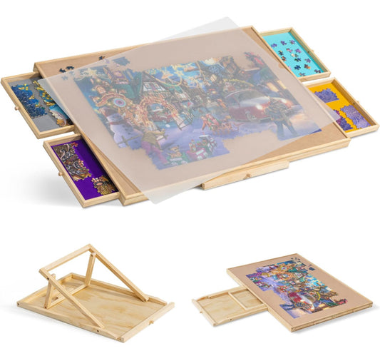 Tektalk Jigsaw Puzzle Table with Integrated Adjustable Stand/Bracket and Removable Cover, 3-Tilting-Angle Wooden Plateau Portable Puzzle Board with 4 Colored Drawers