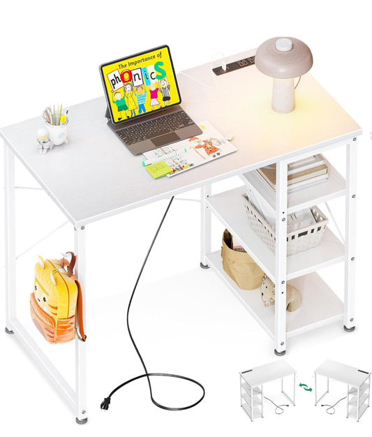 AODK Laptop Desk Small Desk, 32 Inch Computer Desk with Power Outlet and USB & Type-C Charging Port, Writing Desk with 3-Tier Reversible Storage Shelf