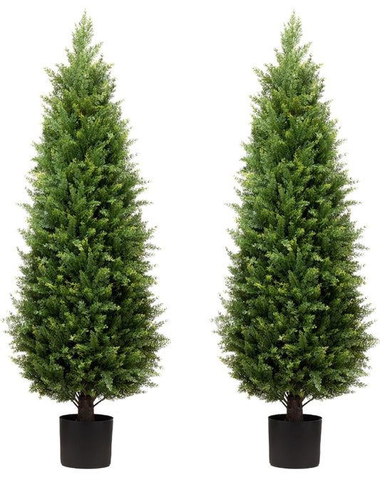 ECOLVANT Two 4ft Artificial Cedar Trees Artificial Topiary Trees Faux Cedar Pines UV Resistant Artificial Potted Shrubs for Indoor Outdoor Front Porch