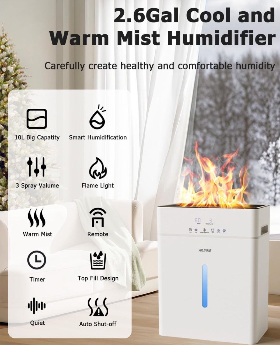 Open Box Humidifiers for Bedroom Large Room, AILINKE Cool and Warm Mist Humidifier 10L/2.64Gal, 12H Timer, 3 Speed, Top Fill, Simulated Flame