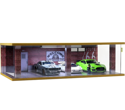 Bivitre 1/24 Scale Die-cast Car Garage Display Case with Clear Acrylic Cover and LED Lighting for 4 Parking Space (1:24-4 Parking Route 66) - Selzalot