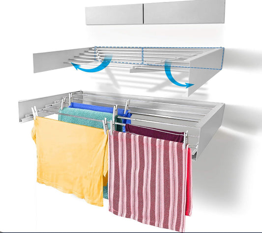 Step Up Laundry Drying Rack (40-INCH White), Wall Mounted, Retractable Clothes Drying Rack, 60lbs Capacity, 20 Linear Ft, with Wall Template and Long - Selzalot