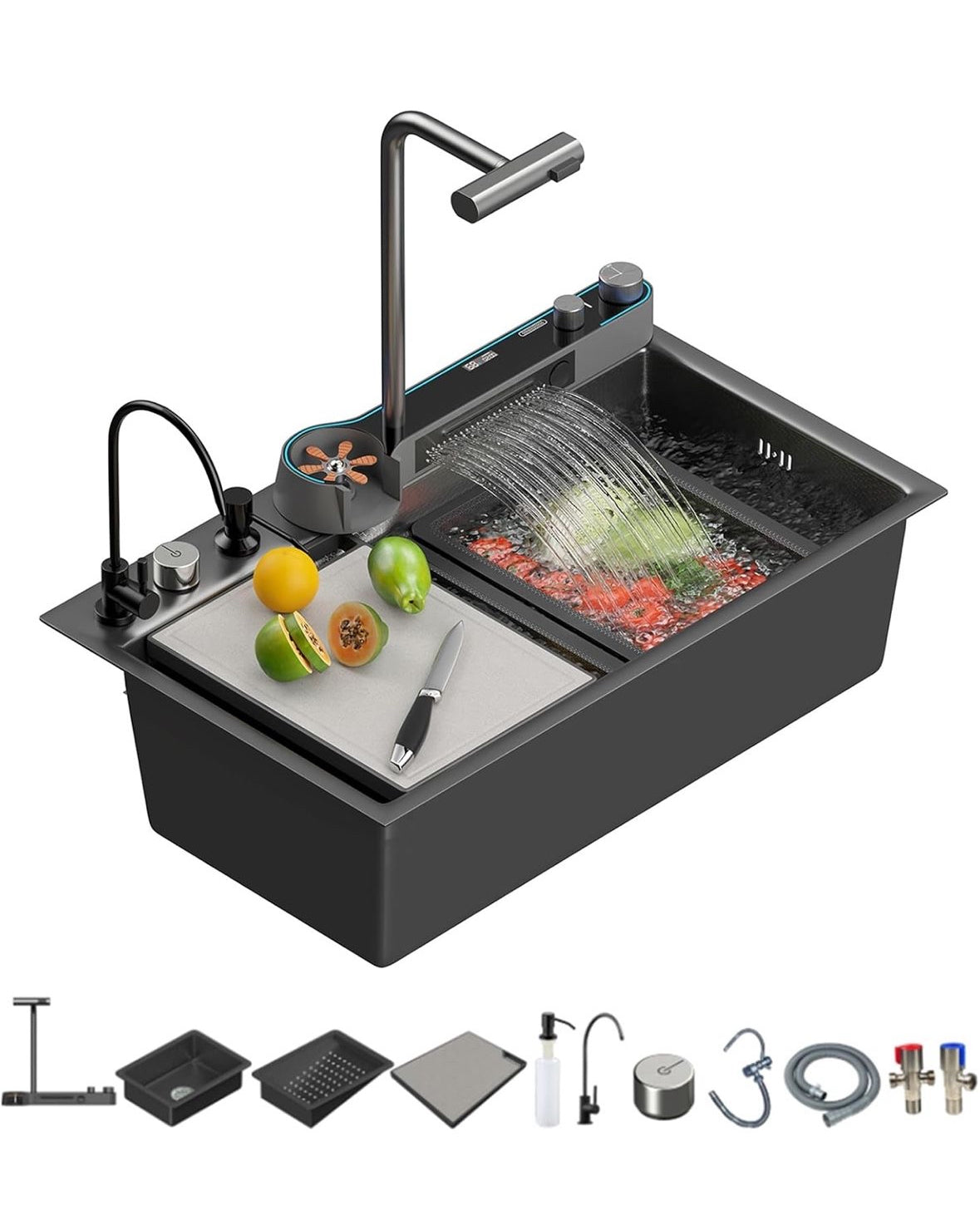 Modern Kitchen Sink Honeycomb Embossed Large Single Bowl Sink，With Digital Pullout Faucet，Cup Wash，Purifying Faucet，Soap Dispenser，Multi-Func