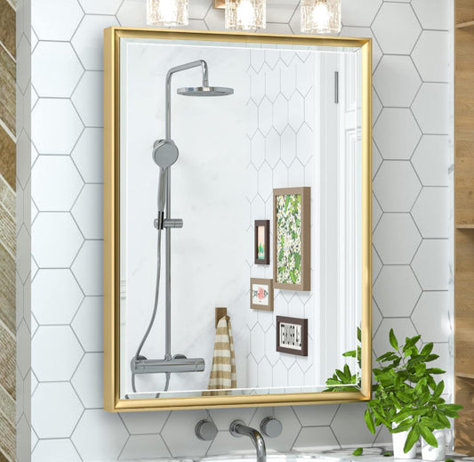 TokeShimi 20x26 Recessed Medicine Cabinet Bathroom Vanity Mirror Gold Metal Framed Surface Wall Mounted with Aluminum Alloy Beveled Edges Design 1 Doo