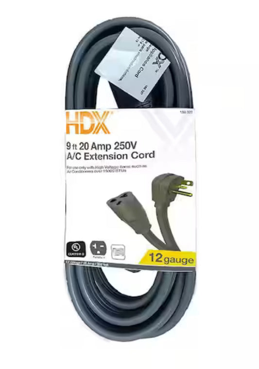 HDX 9 ft. 12/3 20 Amp 250-Volt Air Conditioner Extension Cord, Grey