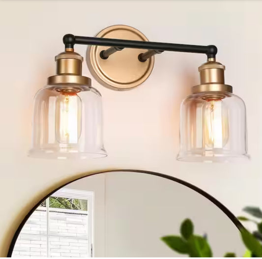 Uolfin Modern Dome Bathroom Vanity Light 2-Light Black and Brass Bell Wall Sconce Light with Clear Glass