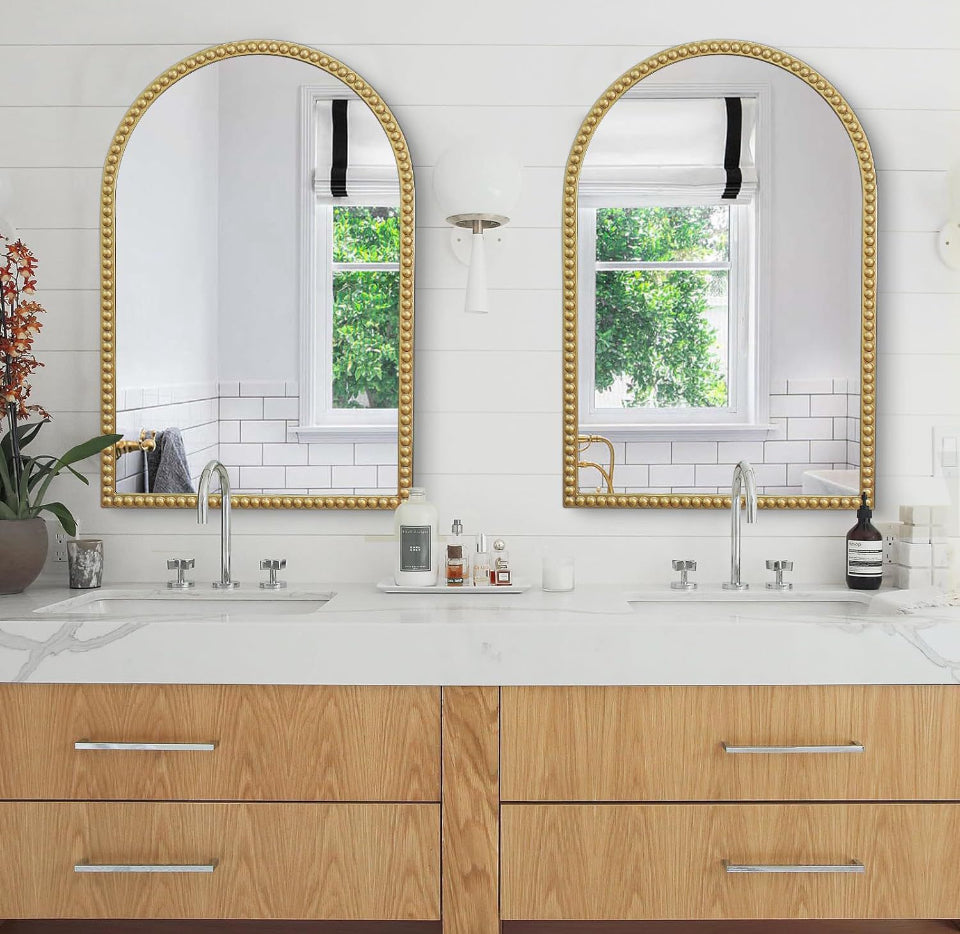 Jesantab Beaded Frame Arch Wall Mirror, 24" X 36" Gold Bathroom Vantity Mirror, Ornate Decorative Mirror for Living Room, Washroom, Fireplace, Entryway - Selzalot