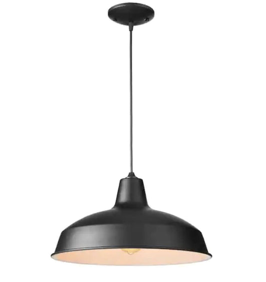 Hampton Bay 1-Light Black Warehouse Pendant Hanging Light with Metal Shade