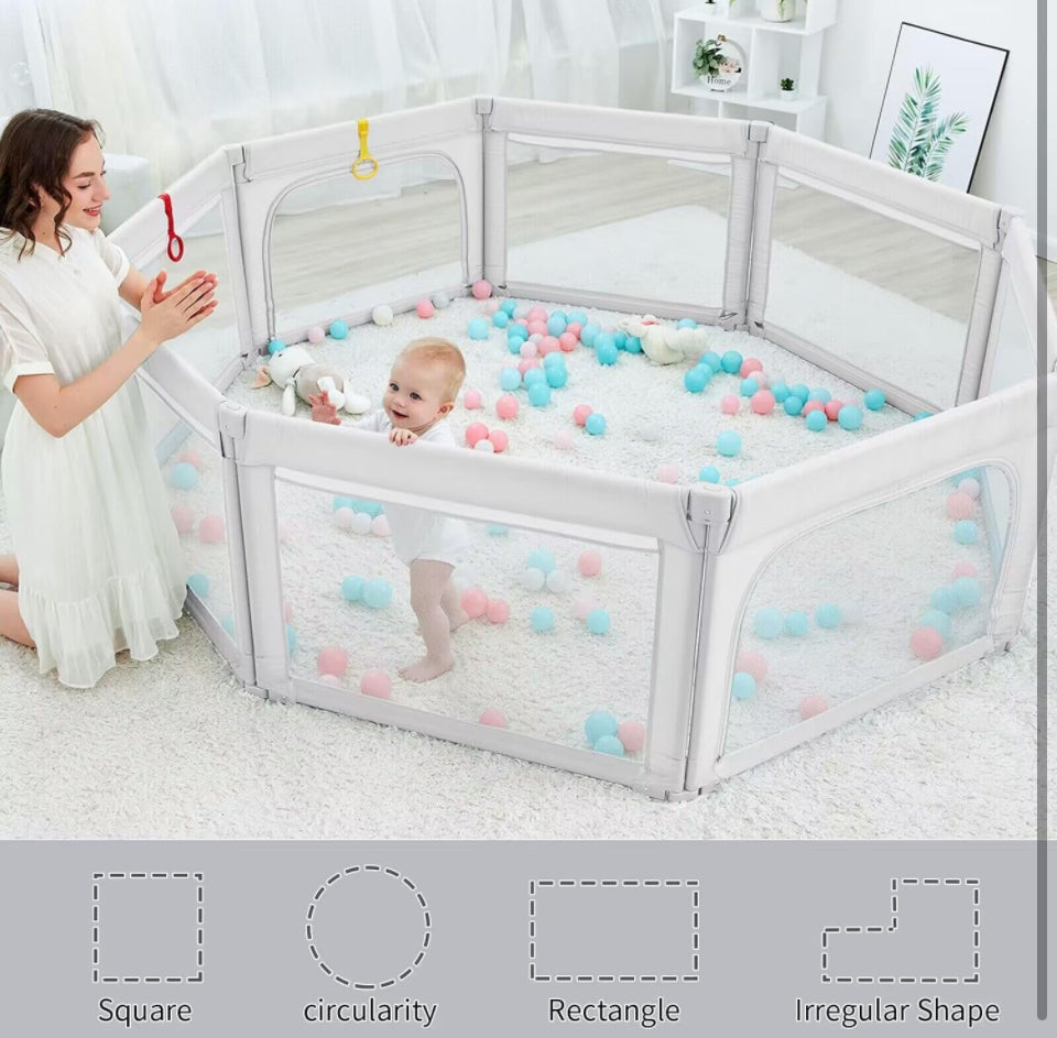 COSOLA Baby Playpen for Toddlers, Foldable Playpen Safe Anti-Fall Play Yard, Visible Mesh Play Pen with Zipper Gate, Baby Fence Play Area with Pull-up