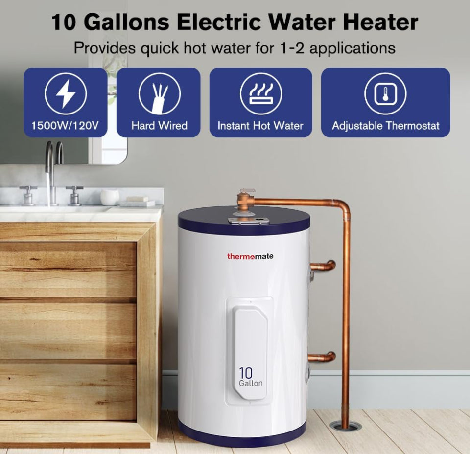 thermomate Tank Water Heater Electric, 10 Gallon Small Point of Use Hot Water Heater, 120 Volt 1500W Compact Residential Water Heater