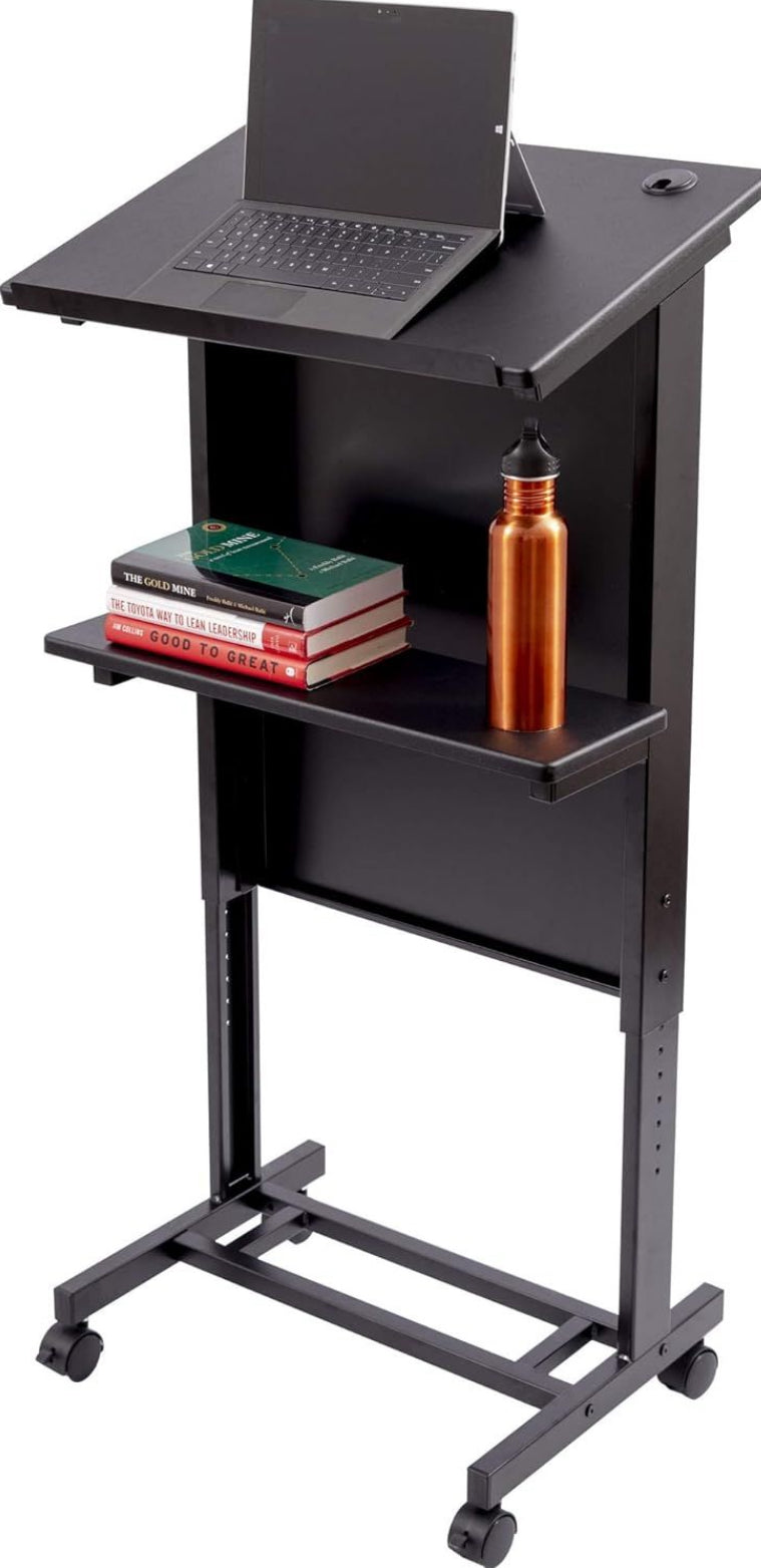 Open Box Stand Up Desk Store Mobile Adjustable Height Rolling Lectern Podium with Heavy Duty Steel Frame (Black Frame/Black Shelves, 25.5" Wide)