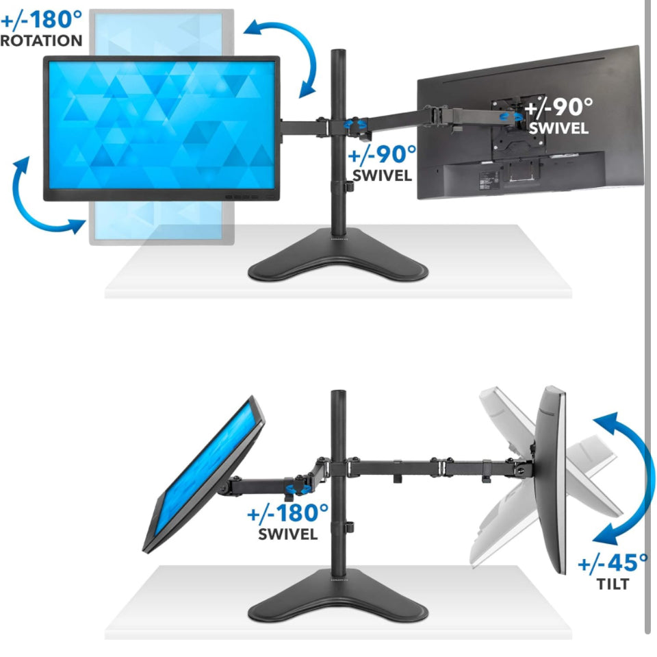 Mount-It! Dual Monitor Stand for Desk - Double Monitor Mount for 2 Screens up to 32 Inch and 17 Lbs - Free-Standing Base Swivel, Tilt, Rotates 360 Adj