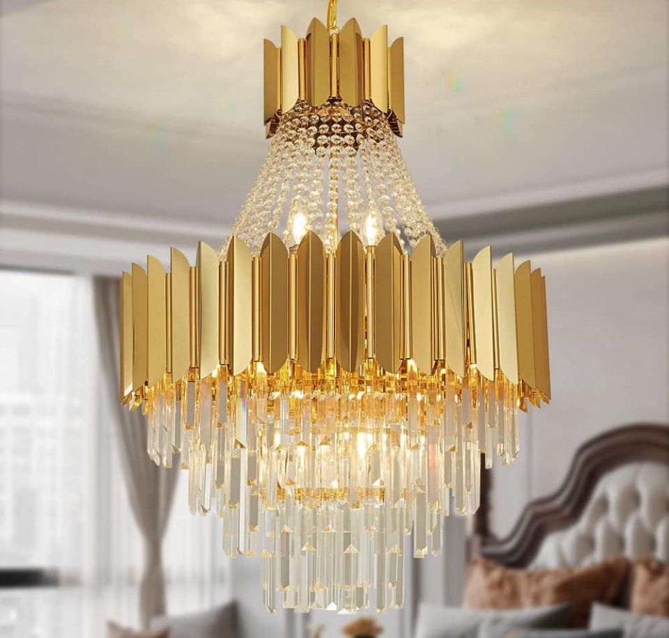 AHOC Modern Crystal Chandelier, Luxury Gold Crystal Hanging Ceiling Light Contemporary Large Raindrop Pendant Chandelier for Living Room Dining Room - Selzalot