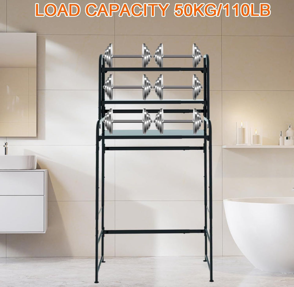 BIFCIOFH 3-Tier Expandable Over Toilet Washing Machine and Dryer Storage Rack, Height Adjustable Laundry Room Shelves, Bathroom Organization Space Saver with Pigboard and Hook (Color: Dark Grey) - Selzalot