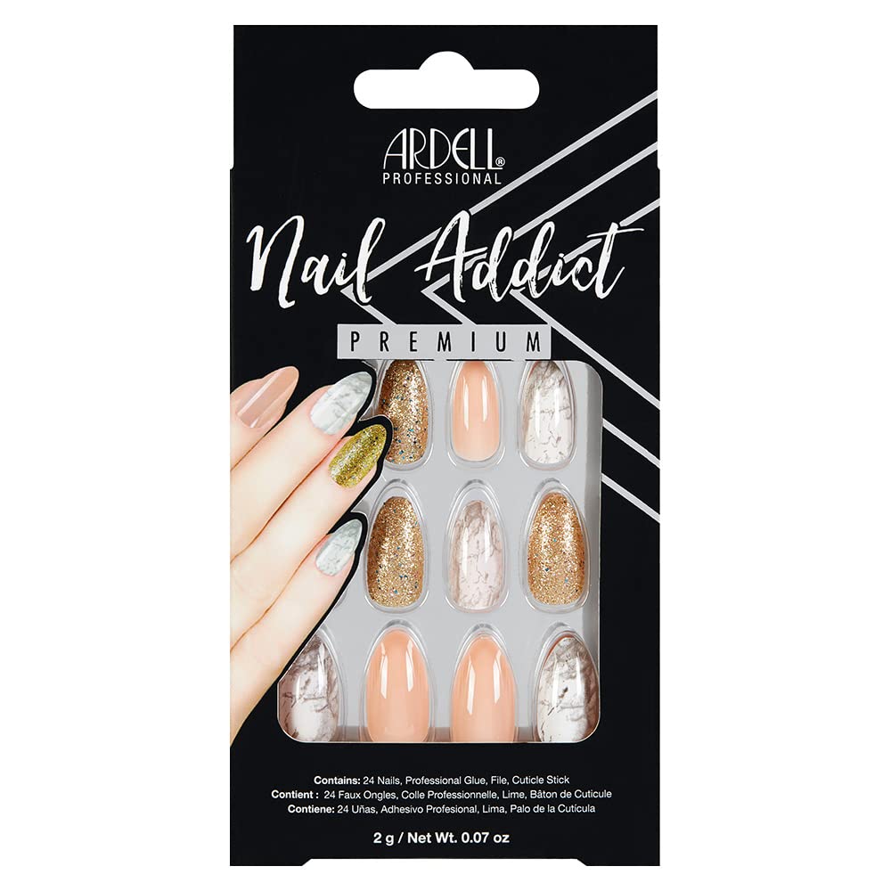 Ardell Nail Addict False Press on Nails - Cheetah Accent, medium almond-shaped tips with gold glitter, marble, and blush pink designs, complete press-on nail set.