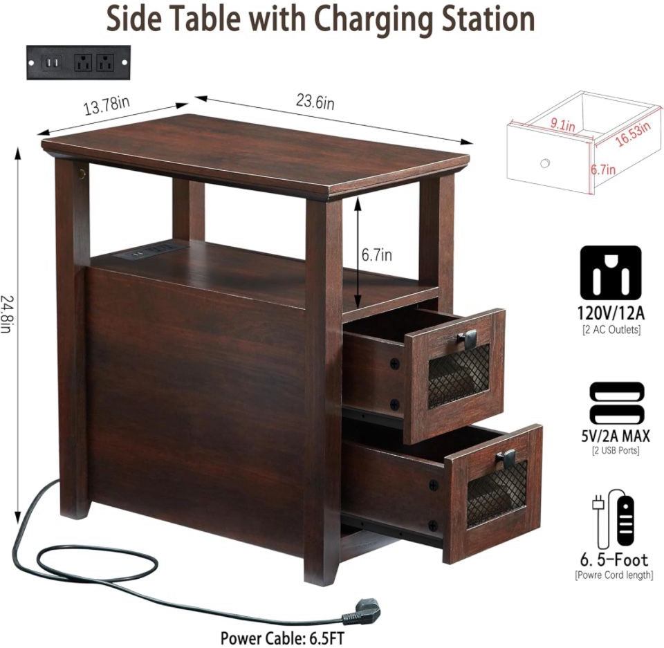 Farmhouse XXL End Table with Charging Station, Narrow Side Table with USB Ports and Outlets, Nightstand with 2 Drawers Storage, Bedside Tables - Selzalot