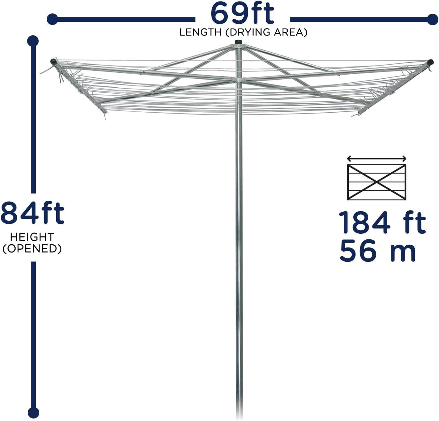 Strata Heavy Duty Parallel Rotary Outdoor Drying Rack - 184 Feet Umbrella Clothesline Dryer, Aluminum & Steel Frame Outside Clothes Drying Rack, Silve - Selzalot