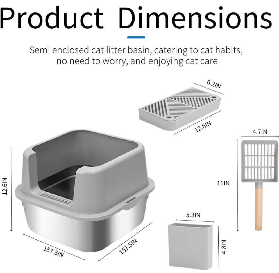 HTii-ë® Small Stainless Steel Cat Litter Box, 15.5" L x 15.5" W Litter Box for Small Animals, Metal Kitten Litter Box with Litter Scooper, Odor-Urine-