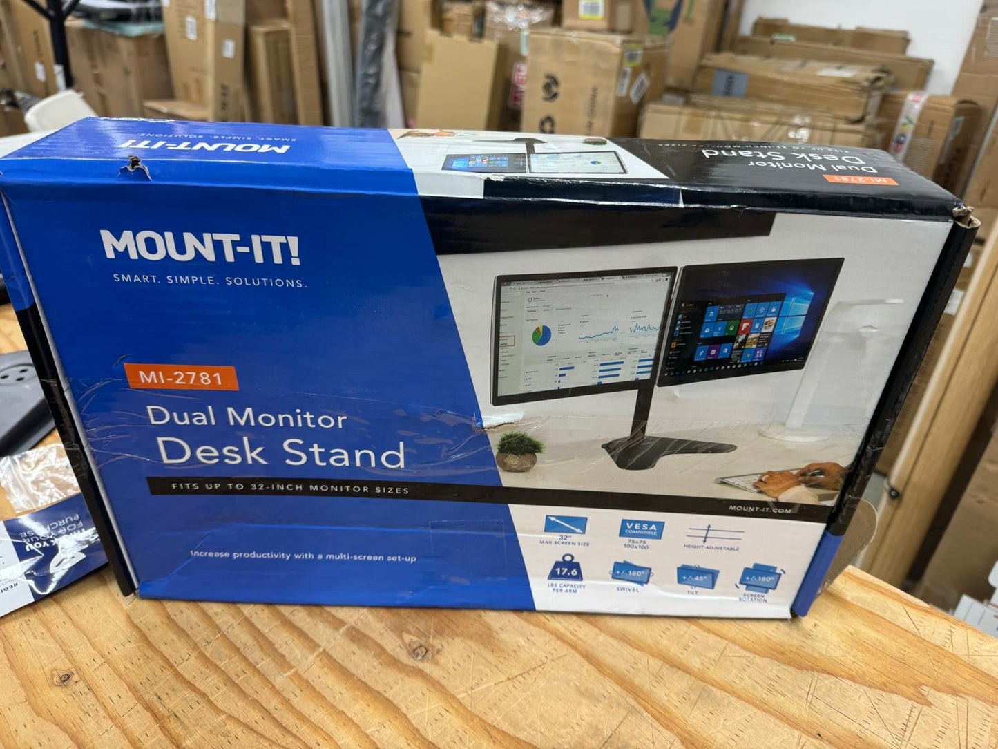 Mount-It! Dual Monitor Stand for Desk - Double Monitor Mount for 2 Screens up to 32 Inch and 17 Lbs - Free-Standing Base Swivel, Tilt, Rotates 360 Adj