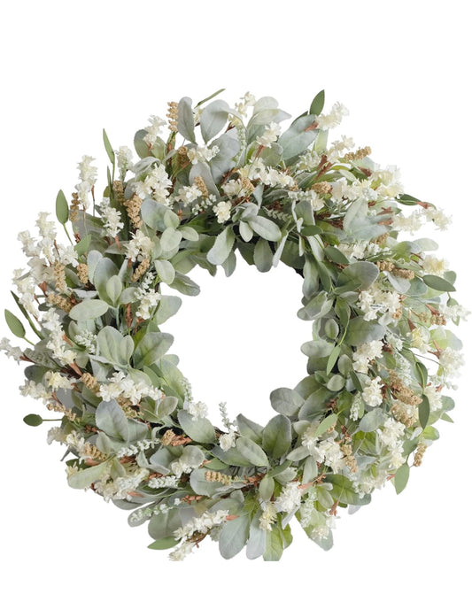 24 Inch Summer Spring Ivory Flowers Wreath for Front Door, Everyday Lamb Ears Leaves Wreath with White Artificial Flower for Indoor and Outdoor, Rusti