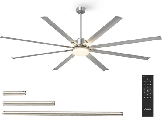 Amico 100 Inch Ceiling Fan with Light, Industrial Large Ceiling Fan with Quiet DC Motor, 8 Aluminum Reversible Blades, 6-Speed Remote Control, Indoor/