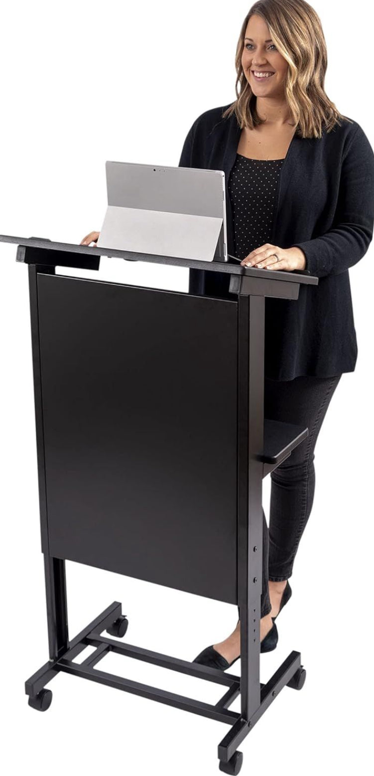 Open Box Stand Up Desk Store Mobile Adjustable Height Rolling Lectern Podium with Heavy Duty Steel Frame (Black Frame/Black Shelves, 25.5" Wide)