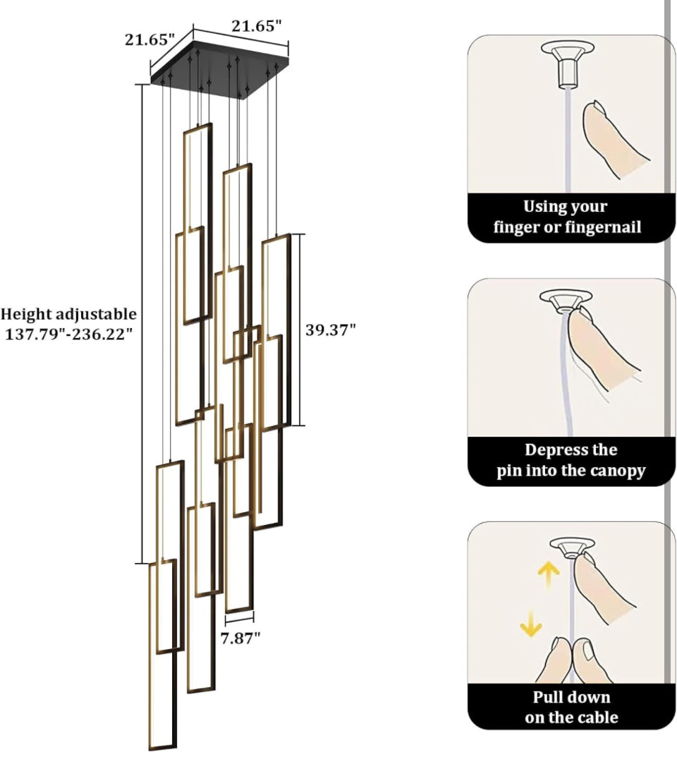 UPGENT Simple Modern LED Chandelier Stair Chandelier Dimmable 12 Ring Rectangular Chandelier high Door for Living Room lamp Hall lamp Remote Control