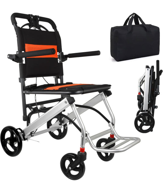 Ultra-Light Transport Wheelchair - Folding Portable Wheelchair with Hand Brake - Trolleys for Elderly Aircraft Travel with Bag