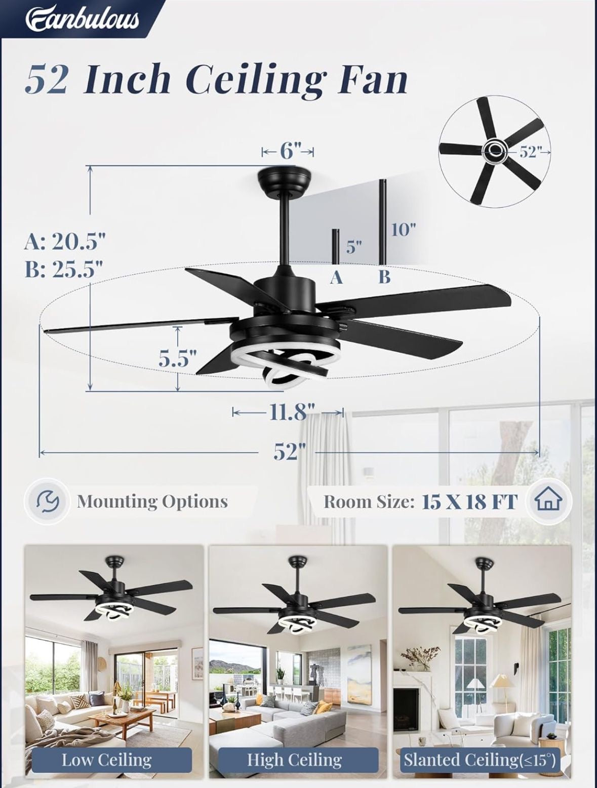 52" Farmhouse Ceiling Fans with Lights,Black Chandelier Fan with 6-Speed Dimmable LED and Reversible DC Motor,Rustic Fandelier Ceiling Fan with 5 Dual