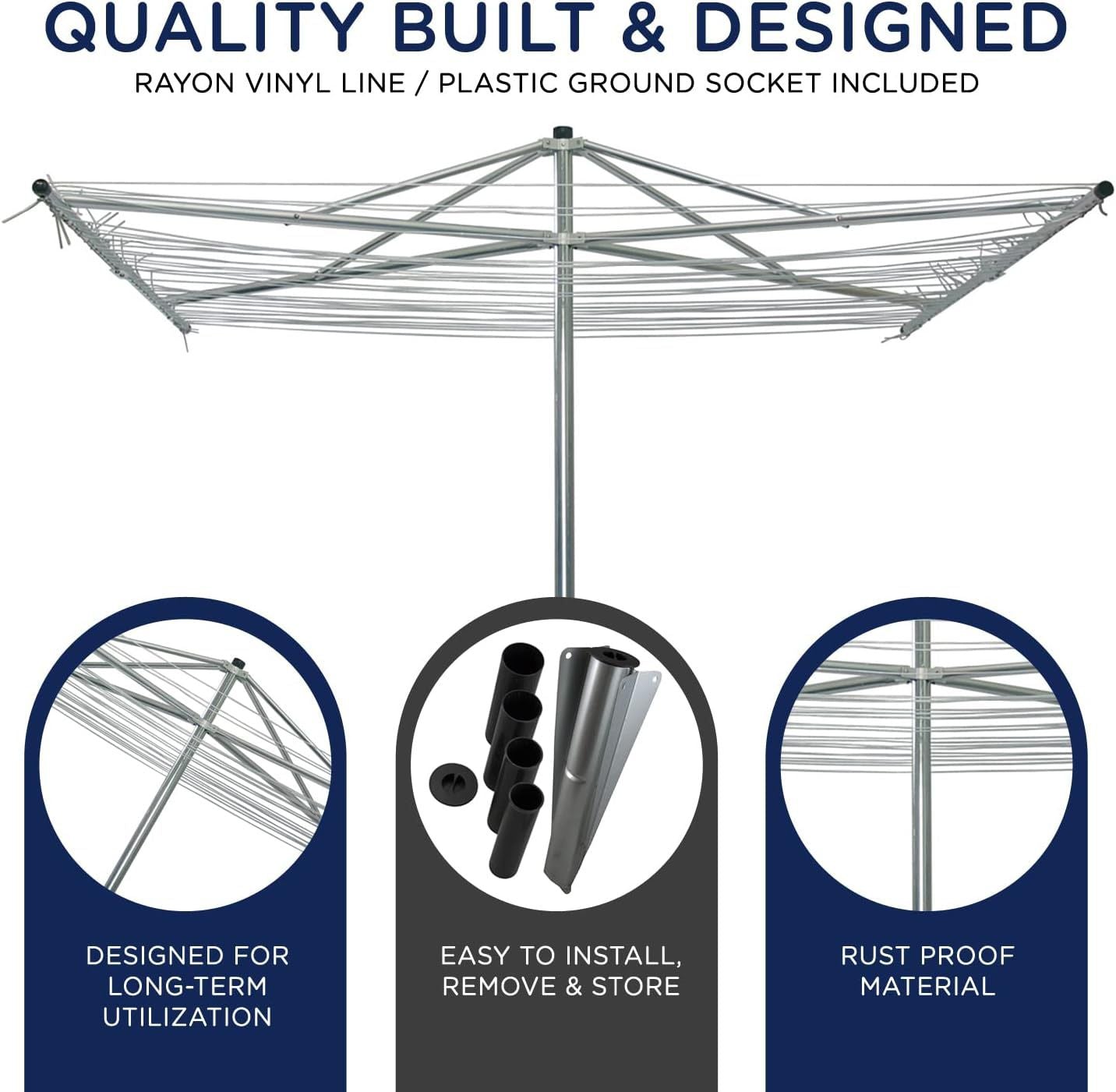 Strata Heavy Duty Parallel Rotary Outdoor Drying Rack - 184 Feet Umbrella Clothesline Dryer, Aluminum & Steel Frame Outside Clothes Drying Rack, Silve - Selzalot