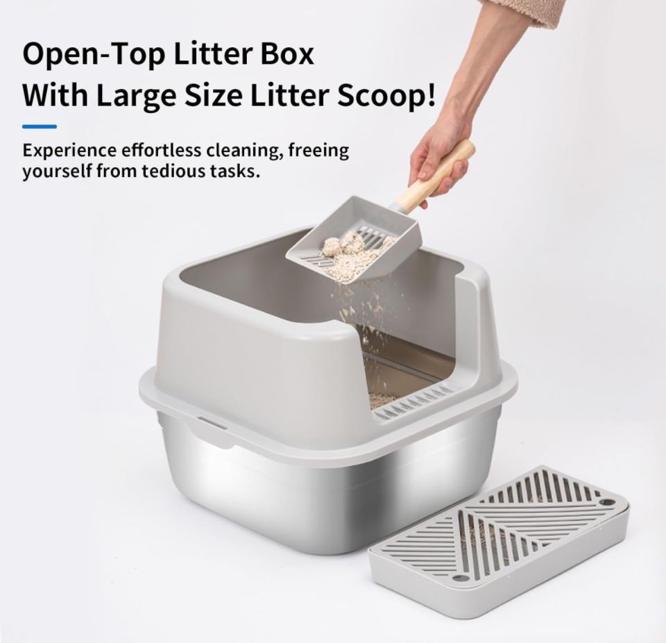 HTii-ë® Small Stainless Steel Cat Litter Box, 15.5" L x 15.5" W Litter Box for Small Animals, Metal Kitten Litter Box with Litter Scooper, Odor-Urine-