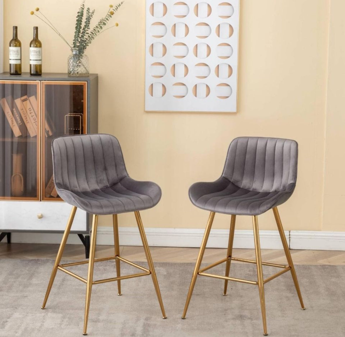 Whiterye Grey Bar Stools Set of 2 - Counter Stools Set of 2 Bar Stools Bar Height with Velvet Upholstery 24 Inch Bar Stools with Gold Legs Co