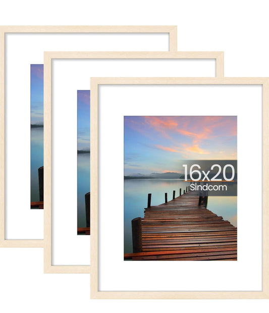 Sindcom 16x20 Poster Frame 3 Pack, Picture Frames with Detachable Mat for 11x14 Prints, Horizontal and Vertical Hanging Hooks for Wall Mounting, Natural Photo