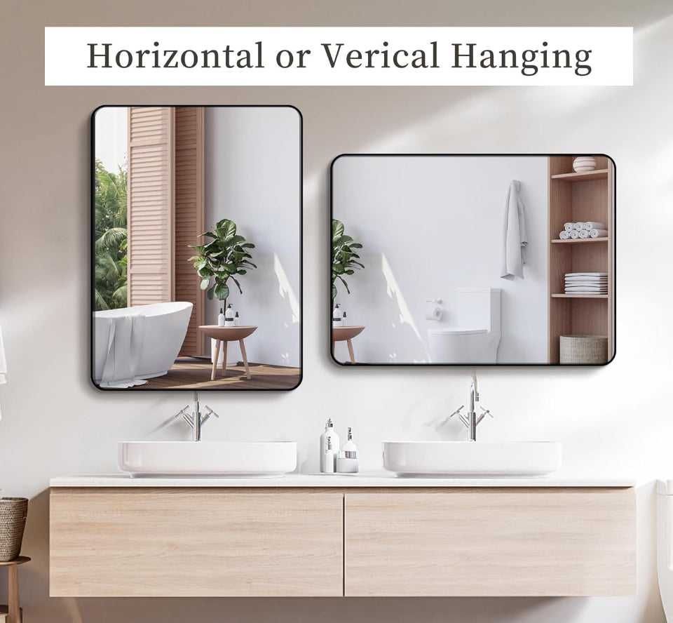 Open Box MZON 24x36 Inch Black Bathroom Mirror, Wall-Mounted Rectangle Vanity Mirror with Aluminum Alloy Frame, Anti-Rust, Modern Decor for Bathroom,